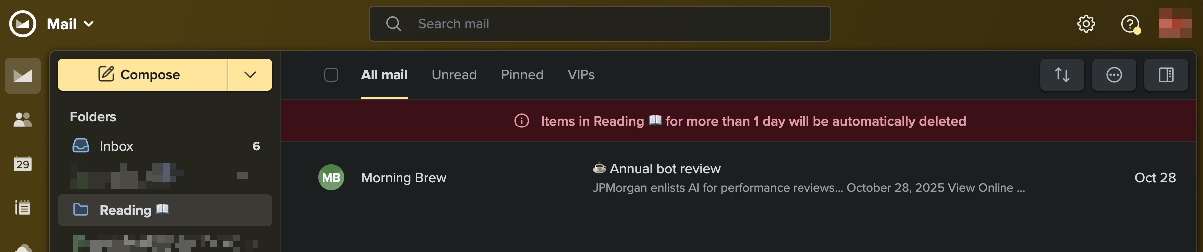 FastMail Reading folder with automatic deletion notice